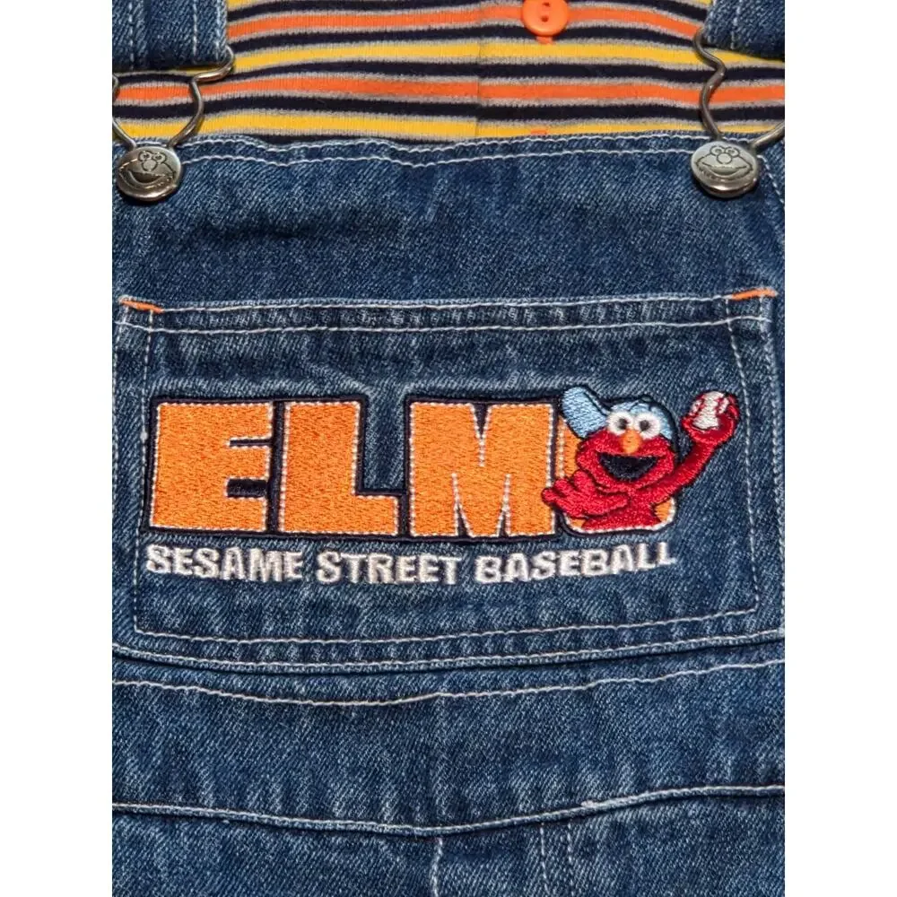Vintage RARE Y2K Sesame Street Elmo Overall Set Kid 4T Blue Denim Baseball